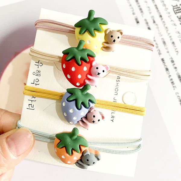 

children's fresh cute hair band cute bear and strawberry rope hair accessories double line knot rubber band accessories, Slivery;white