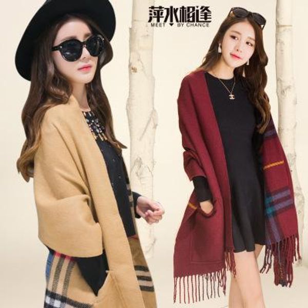 

designer scarf pocket shawl autumn winter dual use cashmere tassel european and american plaid double sided thick shawl lady gift, Blue;gray