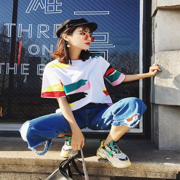 

new cotton t shirt women rainbow striped harajuku tshirt 2019 summer short sleeve korean punk t-shirt camiseta feminina, White