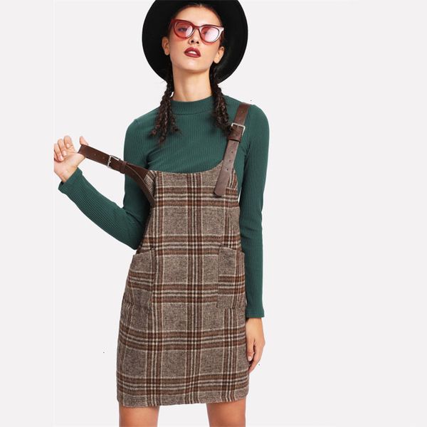 

ladies dresses women designer clothes plaid tartan buckle detail overall dress 2019 spring women pinafore twin mini pocket khaki shift, Black;gray