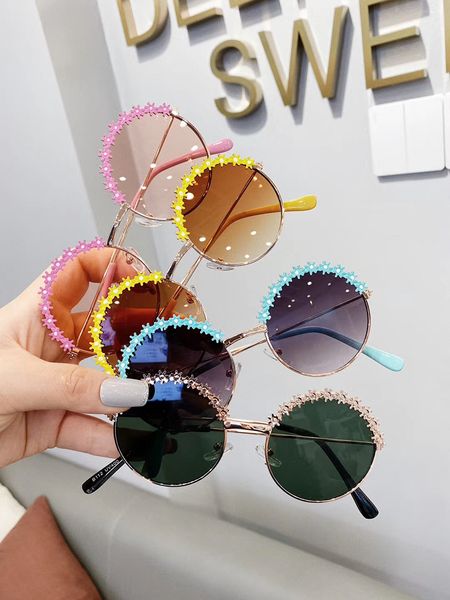 

children fashio adumbral glasses kids metal flowers round frame sunglasses girls boys uv protection beach outdoor goggles c6424, Blue