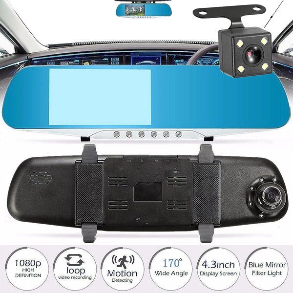 

4.3" rearview car dvr dashcam mirror vehicle video recorder 1080p full hd 2ch 170Â° + 120Â° fov night vision g-sensor parking monitor