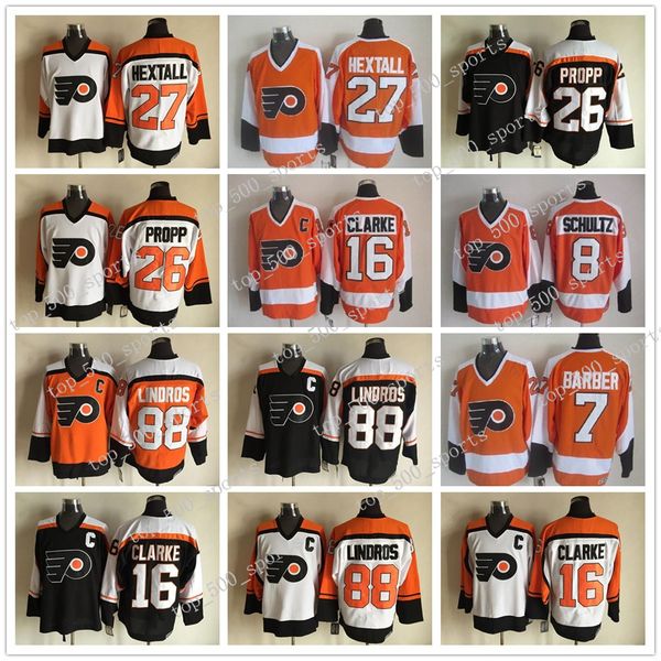 

мужчины 16 бобби кларк джерси филадельфия флайерз vintage 1 берни родитель 7 билл барбер 8 дейв шульц прошитой хоккей белый черный, Black;red