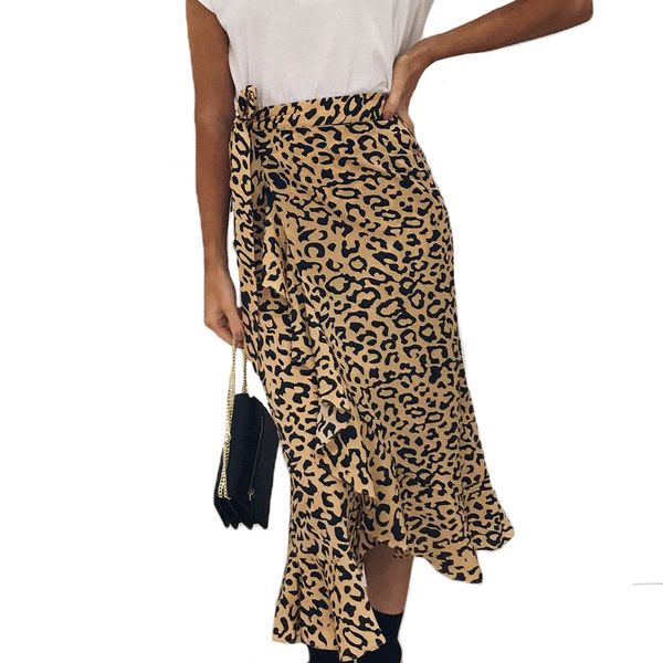 

skirts vintage women summer slim high waist ruffles leopard print bandage long boho holiday bottoms clothes, Black