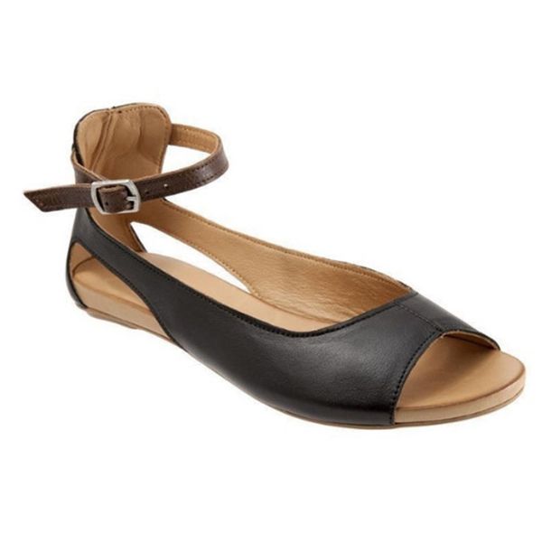 

summer sandals women shoes plus size flats sandals female casual peep toe leather slip on ankle strap sandalias flip flops girl, Black