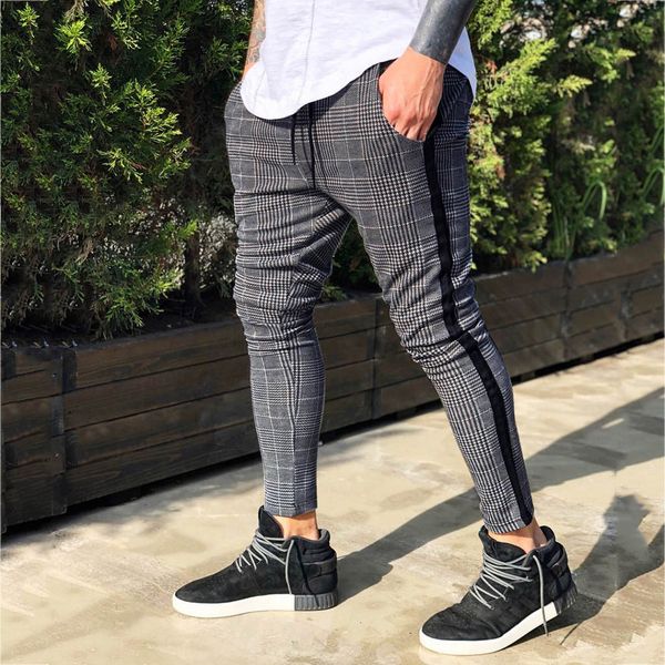 

men's long casual sport slim fit plaid trousers running joggers sweatpants pantalones hombre pants, Black
