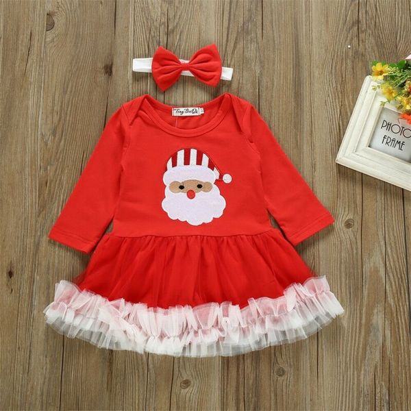 

kids christmas dresses 2019 baby girls santa print tutu dress headband 2pcs xmas outfits set newborn set clothes, Red;yellow