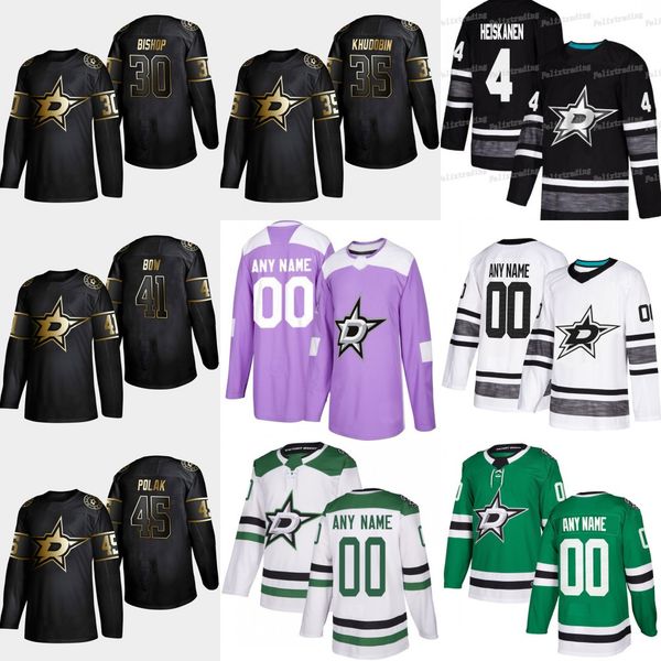 

35 Anton Khudobin 2019 Golden Edition Stars 30 Ben Bishop 45 Roman Polak 41 Landon Bow Mattias Janmark Esa Lindell Hockey Jerseys