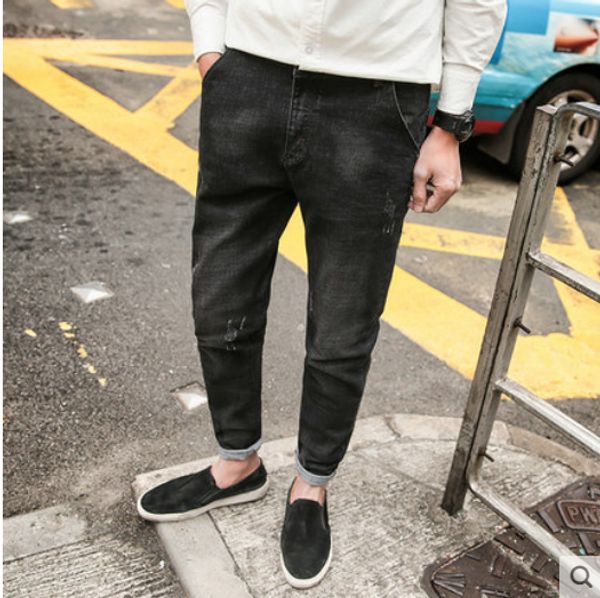 

black hong kong wind jeans male cat must be broken elastic han edition cultivate one's morality new men tide slacks, Blue