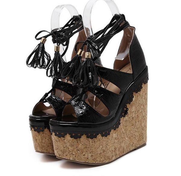 Hot Sale-Size 34 to 40 Lena ViVi beige lace up cross strap platform wedge heel sandals super high 16cm pink black 2017