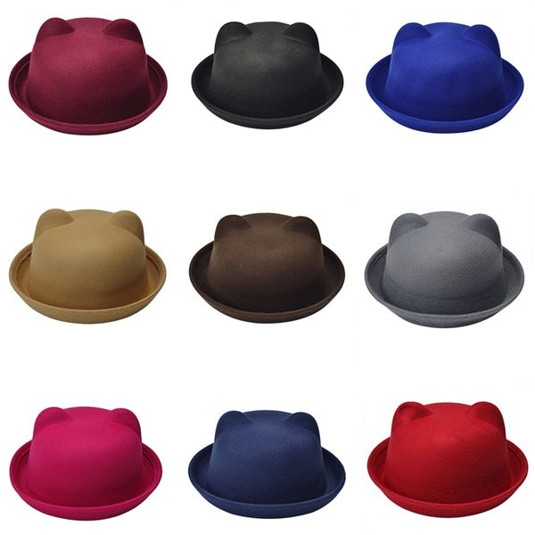 

2019 fashion parent-child bowler hat woollen felt hats for women girl children solid cat ear formal cap, Blue;gray