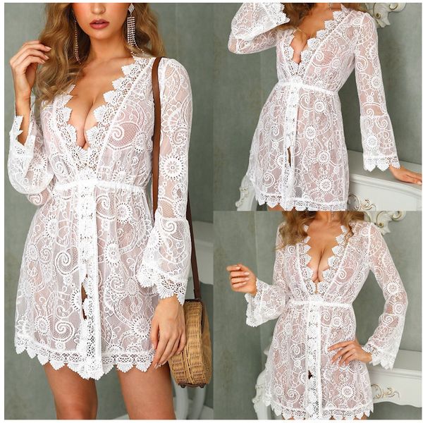

beach lace hollow out dress women white beach cover up tunic pareo long sleeve v neck dress robe swimwear bathing suit beachwear