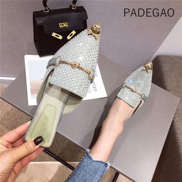 

slippers fashion 2021 casual women elegant crystal point-toe outside flat, Black
