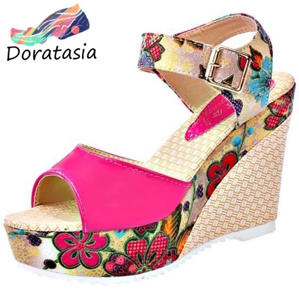 

doratasia women open toe floral print wedges buckle strap hook loop shoes casual sandals women summer sandals, Black