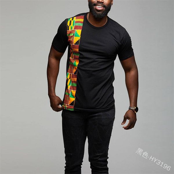 

fashion african kente shirt for mens short sleeves ghana ankara panelled geo printed t-shirt color blocked o-neck summer, Red