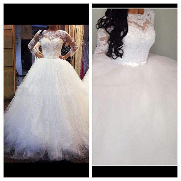 

2019 vintage a line wedding dresses jewel neck lace applique ribbon long sleeves custom made lace up back country wedding bridal gown, White