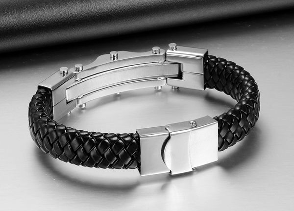 

13MM Fashion Simple Men's Leather Bangle Stainless Steel Zircon Bracelet Watchband Jewelry Gift for Men Boys J031
