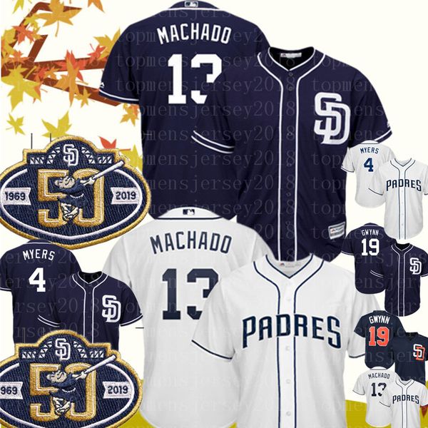 

13 Manny Machado Padres Jerseys 4 Wil Meyers 19 Tony Gwynn Baseball Jerseys Embroidery Logos 50th Patch Mens