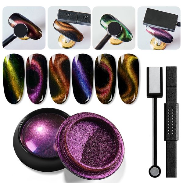 

magnetic mirror effect pigment nail art decoration 5d cat eye magnet nail glitter powder set manicure uv gel polish dust decor, Silver;gold