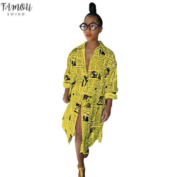 

casual printed t shirt dress women white long sleeve front split party dress casual yellow turn-down collar buttons dress, Black;gray