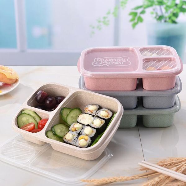 

wheat straw bento box lunch box 3 grid student portable food storage boxes outdoor camping snack fruit lunch box lx6653