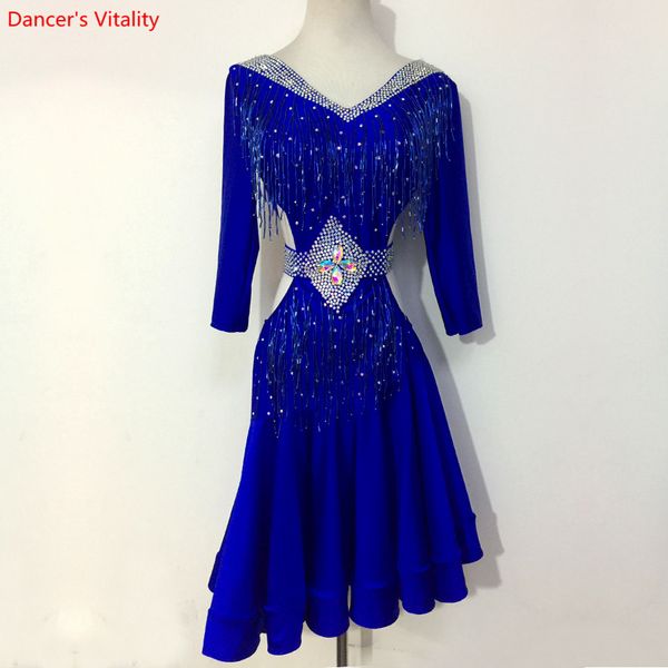 

children latin dance competition costume v-back spandex stones long sleeves dress for women latin dance performance clothes, Black;red