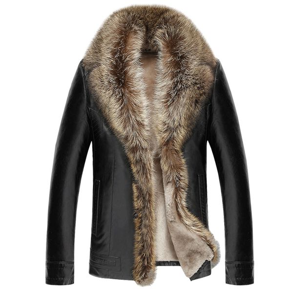 

leather jacket men winter real raccoon fur collar coat lamb fur liner coats faux leather jackets chaqueta cuero hombre zl1072, Black