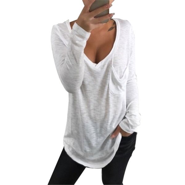 

spring summer long sleeve t shirt women 2019 v neck white t-shirt solid vintage tee shirt femme cotton loose casual
