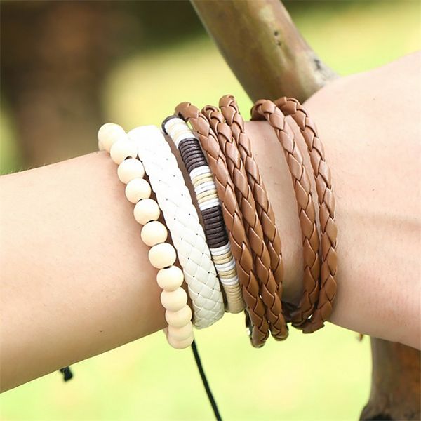 

simple vintage woven faux leather bracelet multi-layer wooden bead bracelet 0718, Black