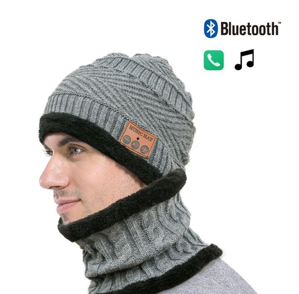 

2 pcs set bluetooth hat bib plush knit caps warmer music cap black gray detachable for women men thermal hiking hats, Black;white