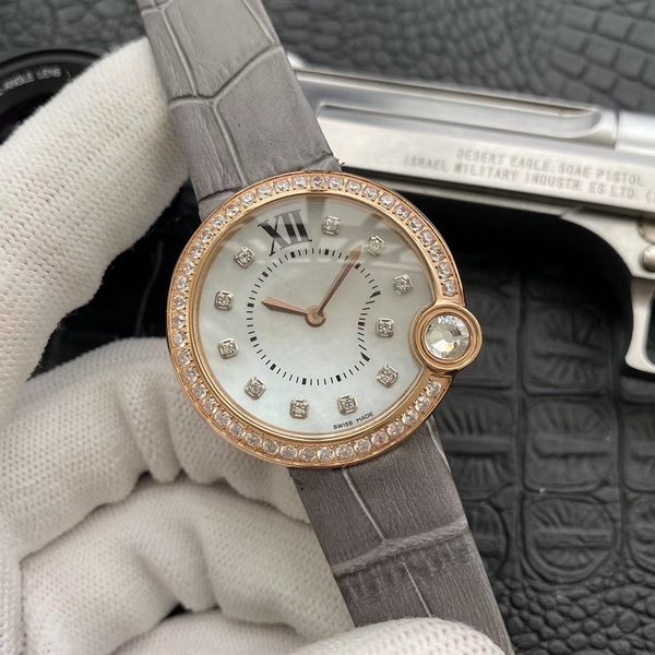 

new style designer watches classic two needles quartz movement watches 36mm pearl shell leather strap with diamonds bezel luxury lady watch, Slivery;brown