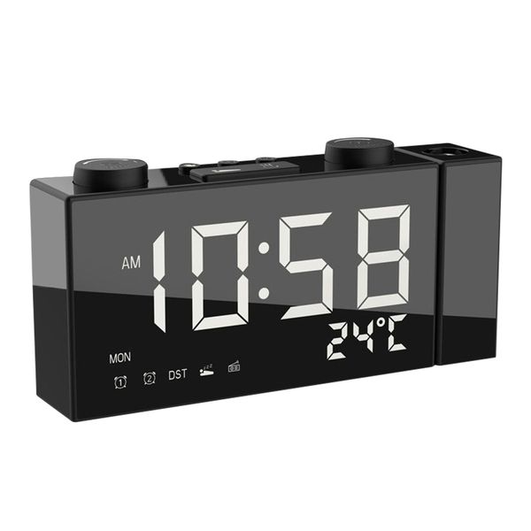 

digital projection alarm clock 2 alarm dimmable clock fm radio thermometer usb charging port weather calendar time projection desk table