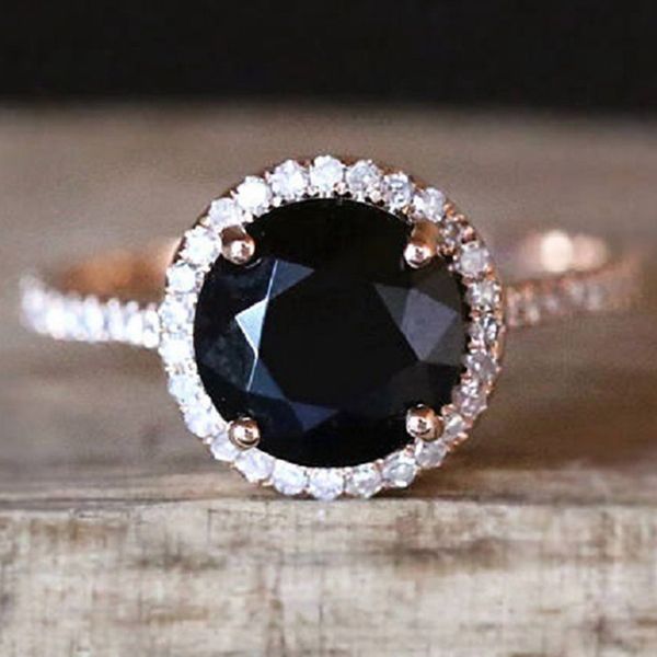

natural round black stone ring full white zircons ring for women jewelry for wedding, Golden;silver
