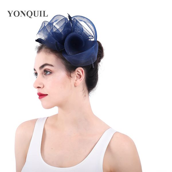 

vintage navy hair fascinators for female weddings hat elegantes flower hair accessories with brooch bridal mesh headwear