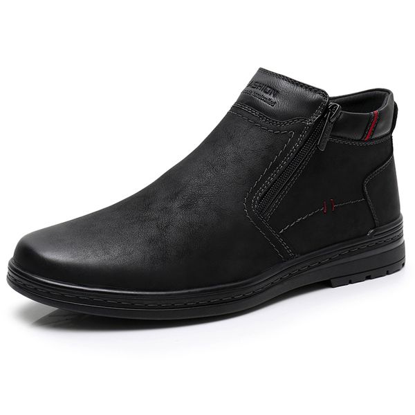 

boots cow suede men's winter ankle boot men warmest snow boots double zipper side boot men casual thick fur shoe, Black