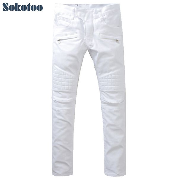 

sokotoo men's slim pure white large size biker jeans fashion casual patchwork denim pants long trousers, Blue