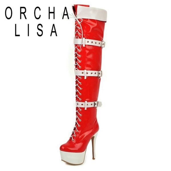 

orcha lisa slim over the knee boots round toe 14cm thin heels cross-tied zipper buckle patent leather big size 33-48 c1823, Black