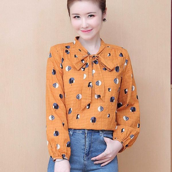 

womens blouse shirt long sleeve turn down collar blouse for womenfashion printted chiffon with bow camisas mujer #3, White