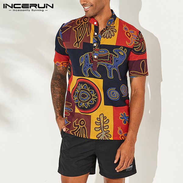 

printing cotton men hawaiian shirt loose short sleeve stand collar breathable ethnic style vintage men shirts, White;black