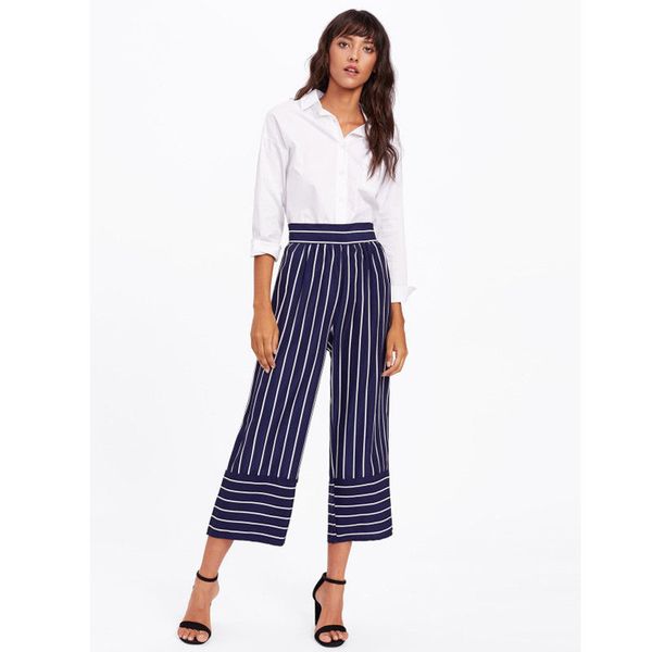 

fashion new women fashion high waist wide leg pants stripe bell-bottom 2019 autumn women streetwear casual loose trousers, Blue