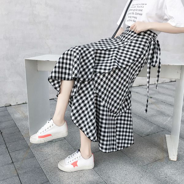 

1 pcs korean new plaid skirts women harajuku high waist irregular midi long skirts ladies summer ruffle skirt skater jupe femme, Black