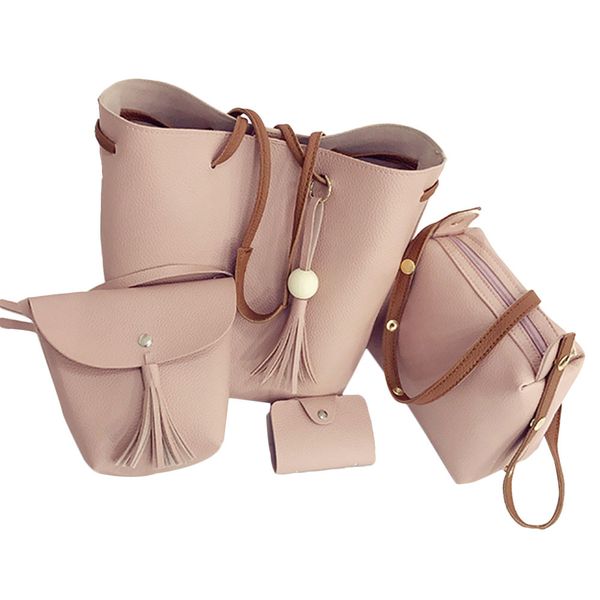 

new four sets of fashion handbags wooden bead tassel portable shoulder bag bucket cell phone pocket handbags crossbody four sets