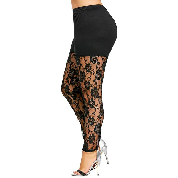 

wipalo высокая талия кружева pathwork леггинсы женщины sexy плюс размер 5  sheer кружева панели брюки леггинсы брюки леггинсы летние брюки, Black