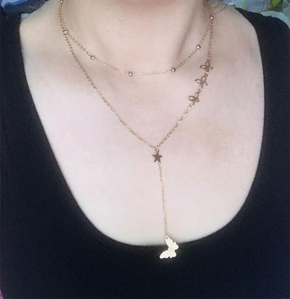 

non-fade stainless steel butterfly star gold silver tassel necklace women choker pendants suspension femme chain necklaces, Golden;silver