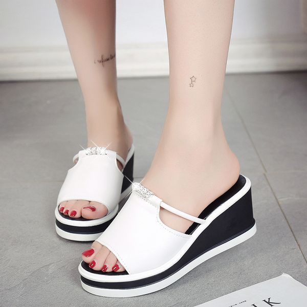 

wedges slippers women platform sliders shoes woman high heel 7cm vrouw slippers white sandles women slipper mules high heels, Black