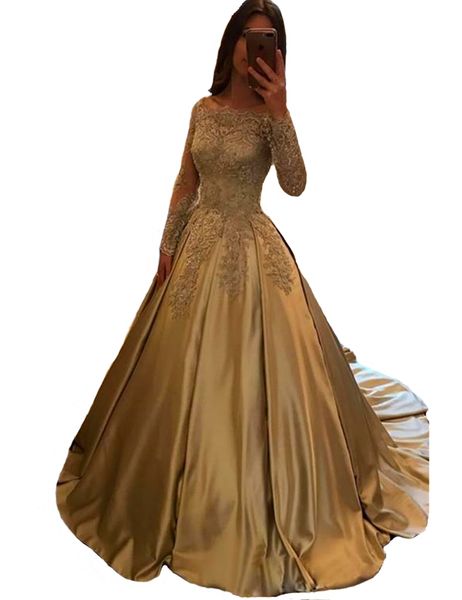 

elegant 2021 gold long sleeve formal evening dresses off shoulder sheer lace with train beaded vintage women reception dress gowns for prom, Black;red