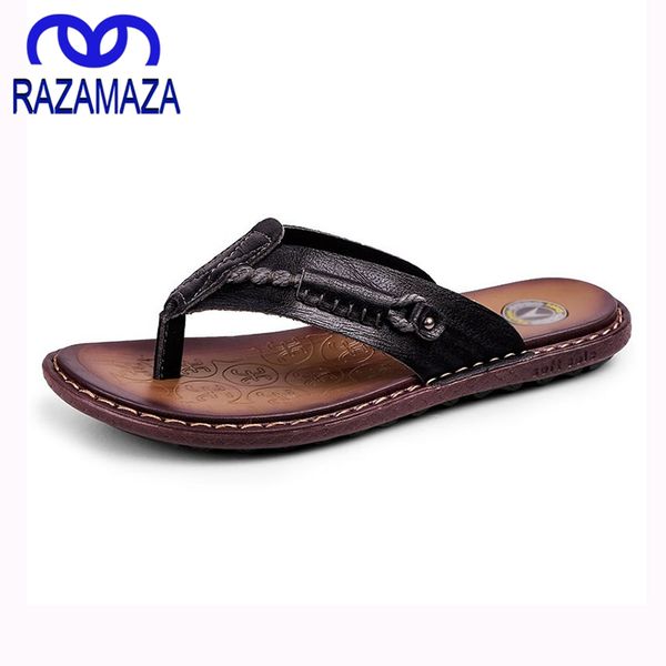

razamaza size 35-47 summer men fashion flip flops sandals simple flats slippers daily classics shoes men footwear, Black