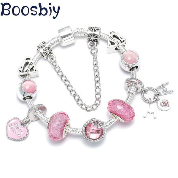 

boosbiy european style silver plated charm bracelet with pink mom charms diy brand charm bracelet jewelry gift for women, Golden;silver