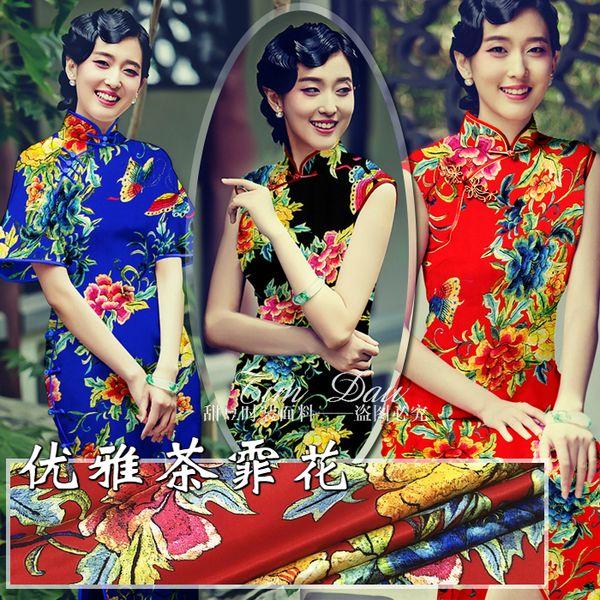 

150cm high imitation silk fabric elastic digital inkjet cheongsam dress hanfu fabric material wholesale cloth, Black;white