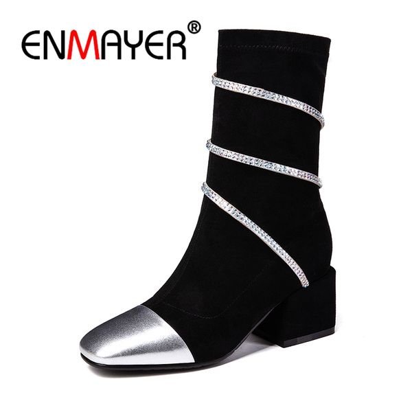 

enmayer women ankle boots size 34-39 causal med heels thick heel bling fashion boots square toe shoes woman slip on gray cr1235, Black